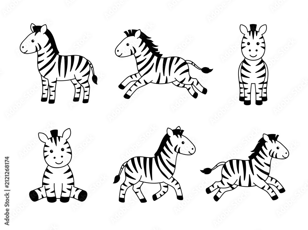 Obraz premium A collection of cute cartoon zebras in different poses and actions.