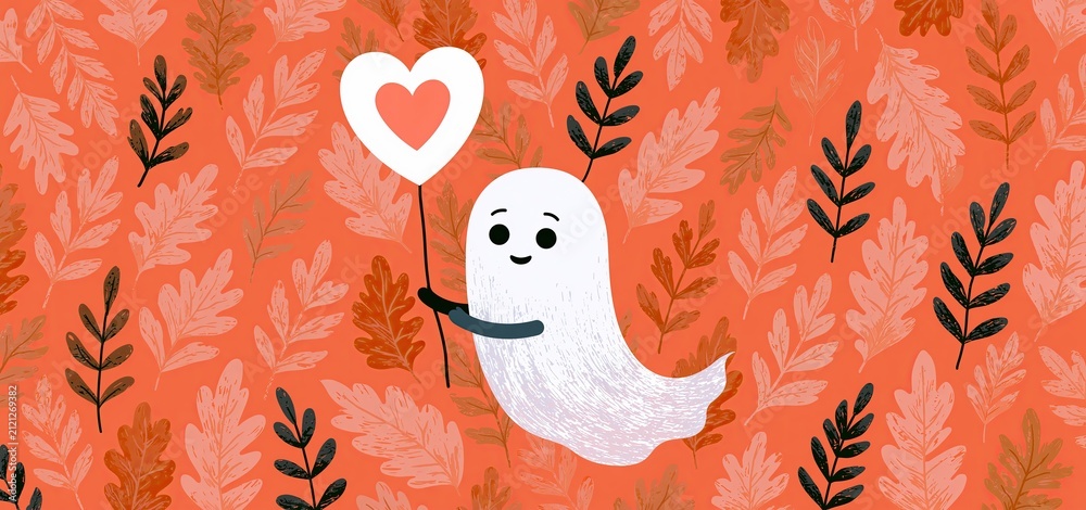 Obraz premium Charming Halloween ghost with a heart balloon surrounded by colorful autumn leaves for seasonal cards.