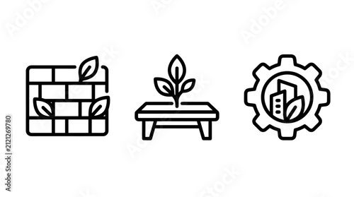 Set of three linear icons representing sustainable construction and urban development concepts with eco friendly construction architecture sustainability building innovation development