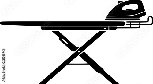 Minimalist black silhouette flat vector iron resting on vintage folding clothes ironing board design isolated on white background
