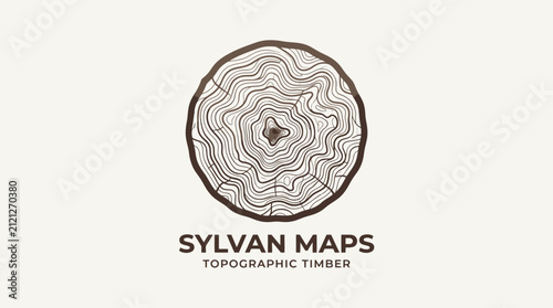Foto Log vector emblem featuring circular tree rings combined with topographic map contour lines and corporate text elements