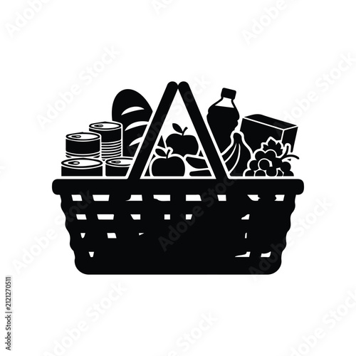 Grocery basket filled with healthy food items like fruits bread and canned goods symbol.