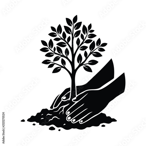 Hands planting young tree in soil icon representing environmental conservation concept.
