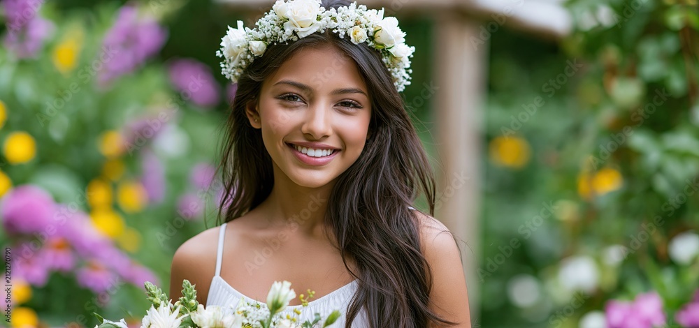 Obraz premium In a lush garden, a young Indian girl wearing a white dress and floral crown holds a bouquet, radiating joy.