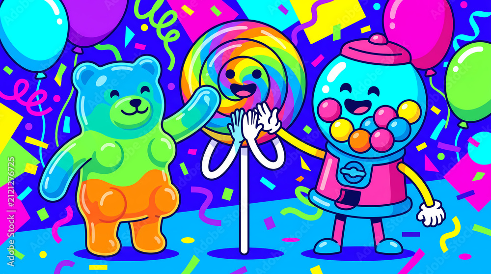 Naklejka premium Candy characters celebrating party with balloons and neon confetti