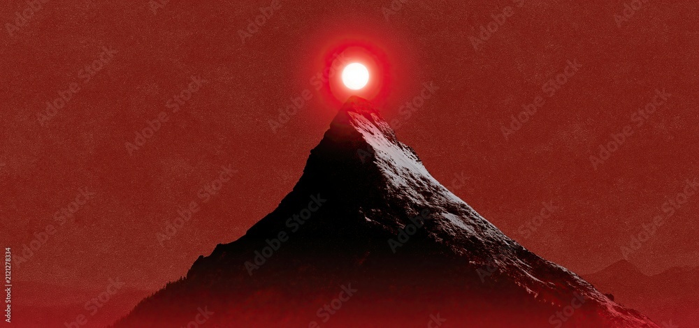 Obraz premium Snowy mountain peak silhouette under a glowing moon with a deep red festive background.