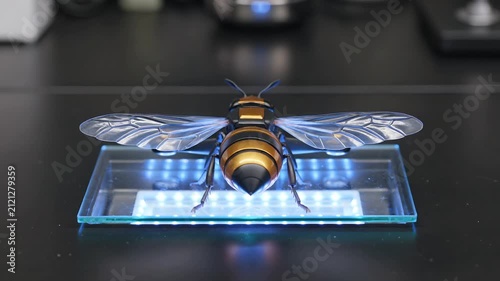 Mechanical wasp drone display on a luminous glass platform. 4K Video