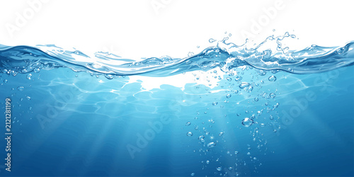 Quadro su tela Abstract Blue Water Splash Wave Background with Clear Bubbles and Flowing Liquid