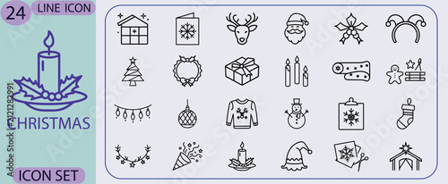 Christmas icon set outline vector line art xmas holiday decoration santa reindeer tree candle gift wreath snowflake snowman party design elements illustration.