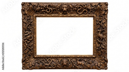 Ornate Antique Picture Frame with Intricate Carvings and White Background.