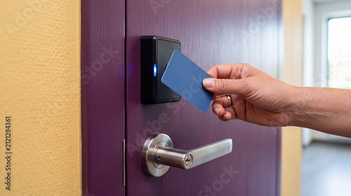Naklejka Person holding plastic access key card near door electronic security sensor.