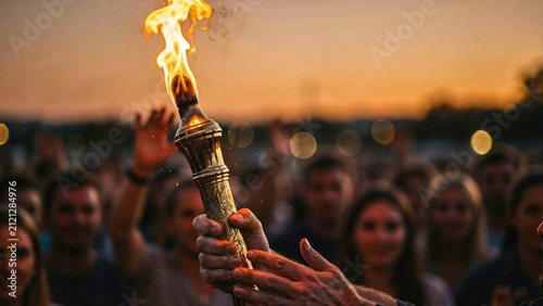 Hand holding flaming torch during outdoor celebration with blurred crowd background