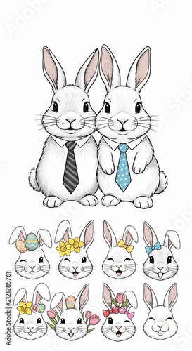 かわいいウサギのイラストセット、ビジネス衣装、花飾り、イースターモチーフ