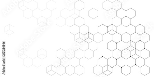 Monochrome grey hexagon connection network abstract background, science and data connection lattice, modern design for banner, presentation and cover.