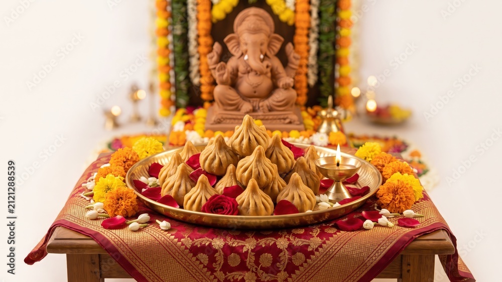 Fototapeta premium Modak Offering Thali Before Lord Ganesha – Ganesh Festival Prasad 