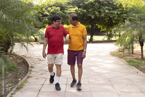 Obraz na płótnie Two happy Indian senior male friends standin together in a beautiful park, one warmly embracing the other while both smile at the camera