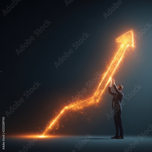 Professional businessman guiding glowing financial growth arrow upward