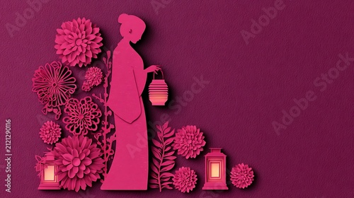 Woman in red dress holding smartphone surrounded by pink floral patterns on pink background