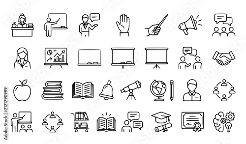 Teacher Line Art Icon Set with Education Classroom Learning and Academic Symbols