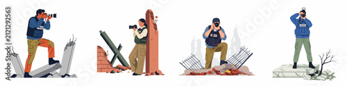 Obraz na plátně Set of war correspondents and photojournalists wearing bulletproof vests and cap