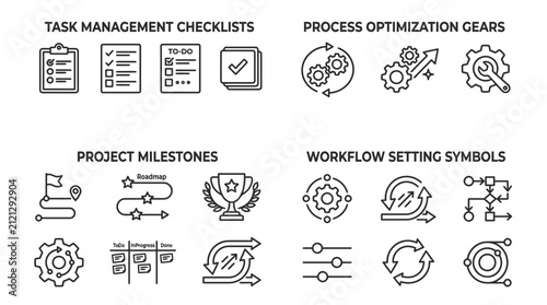 Task management icons illustrate project milestones, workflow optimization gears, and checklist symbols designed to represent professional productivity and organizational efficiency in modern.