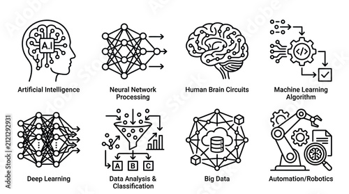 Artificial intelligence icons illustrate complex machine learning algorithms, deep neural network processing, and automated robotic systems for advanced technological data analysis and innovation.
