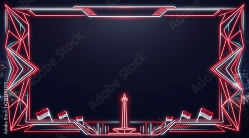 Futuristic Red and White Neon Frame Background with Monas Monument and Indonesian Flags for Independence Day