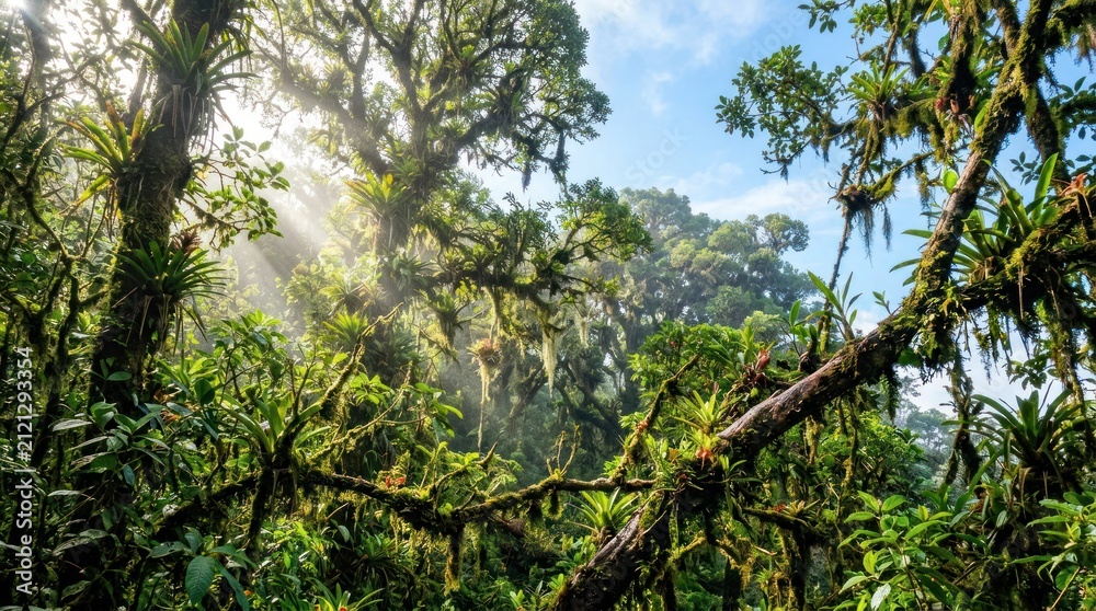 Fototapeta premium Sunbeams pierce lush rainforest canopy, illuminating vibrant green foliage and moss-covered branches.