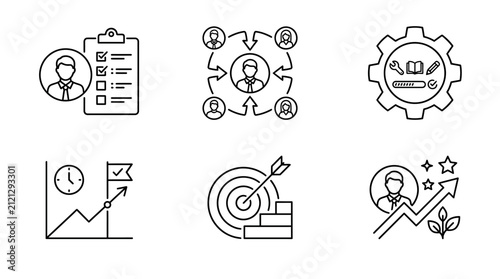 Business management and leadership icons present a detailed set of linear symbols focused on team coordination, goal setting, strategic planning, and professional progress for corporate visual.