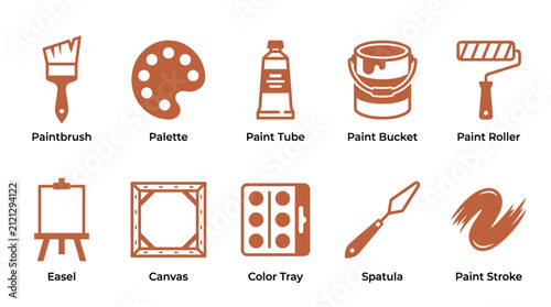 Flat Design Painting Tools and Art Supplies Icons.