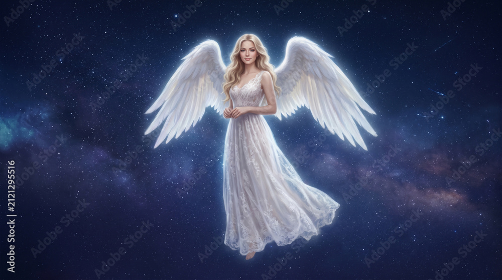Fototapeta premium Beautiful divine angelic woman with blond hair and white feather wings standing in the starry night sky