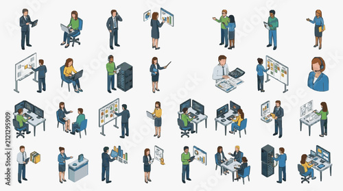 Creative Isometric Set of Diverse Business Professionals Engaged in Office and IT Tasks with Modern Equipment