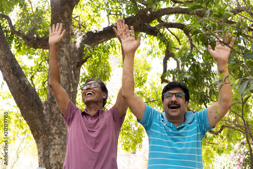 Two happy Indian senior male friends standing together in a park with their hands raised in celebration, laughing openly and looking at the camera. Concept of friendship, joy, active after retirement.