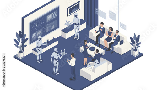 Futuristic isometric workspace where humanoid robots serve drinks and assist human professionals in a high tech lounge.