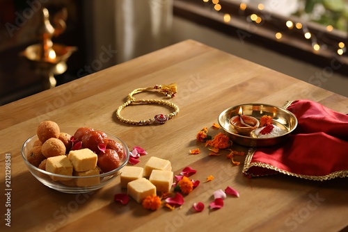 Elegant Raksha Bandhan Celebration with Decorative Rakhi and Bowl of Traditional Indian Ladoo Sweets