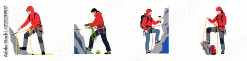 Vector illustration set of mountain climbers in red jackets using professional climbing gear and techniques on rock faces, isolated on white background.