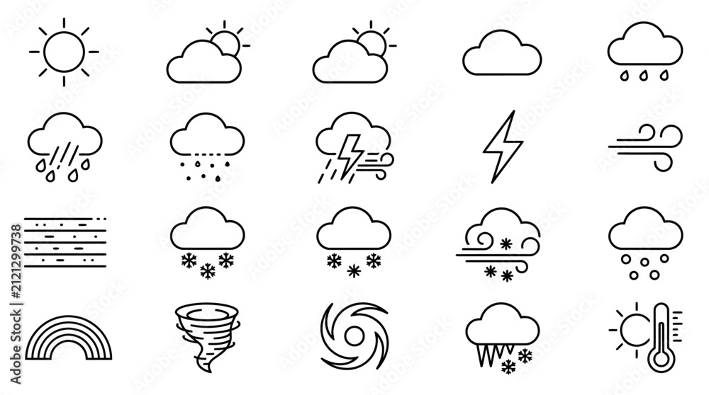 Fototapeta premium Weather icons illustrating meteorological phenomena like sun, rain, snow, and storms offer a clear visual guide for forecast reporting.
