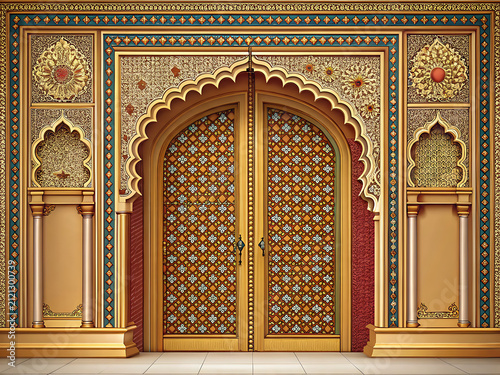 Royal Indian palace entrance door, traditional Rajasthani ornamentation