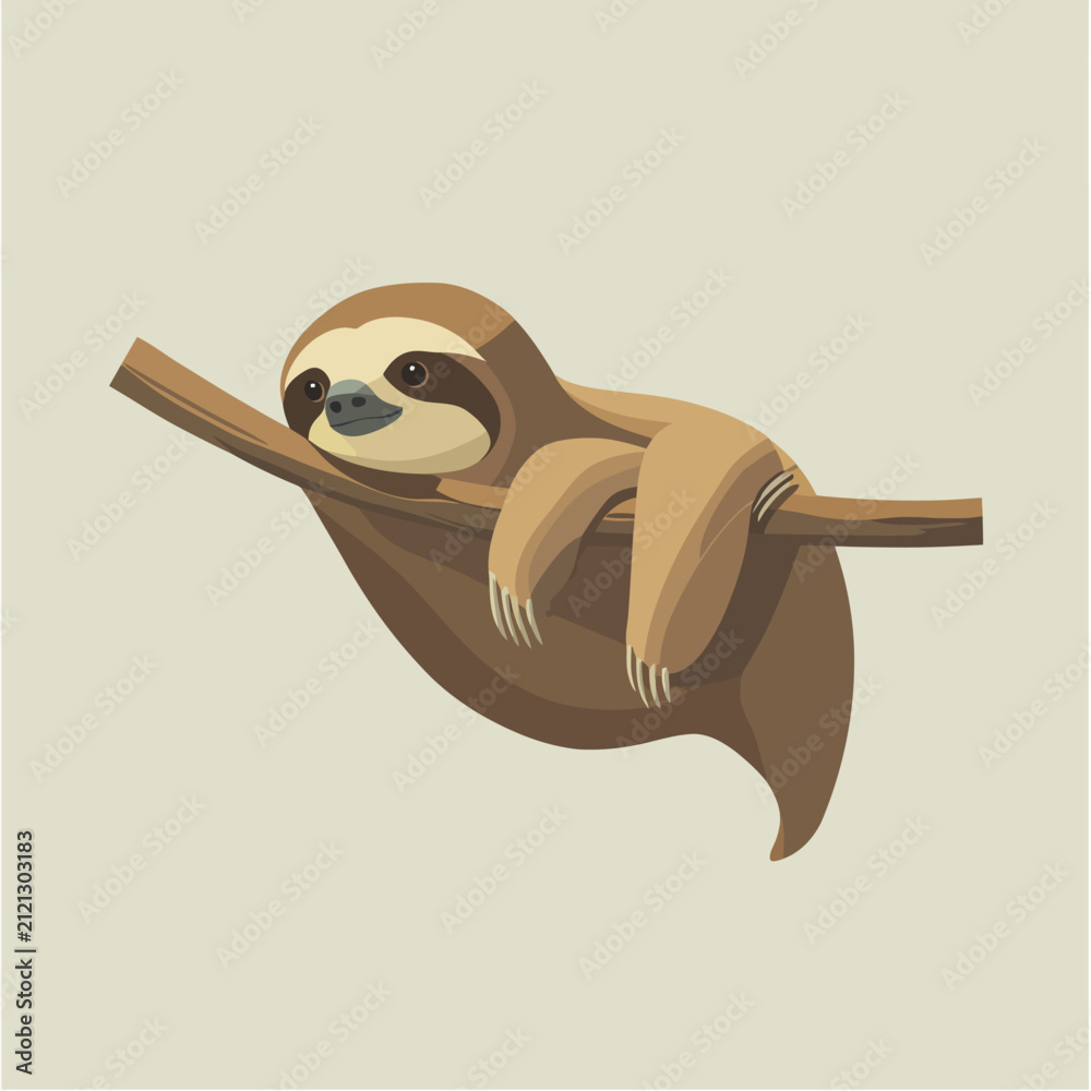 Fototapeta premium Cute sloth hanging on tree branch cartoon style