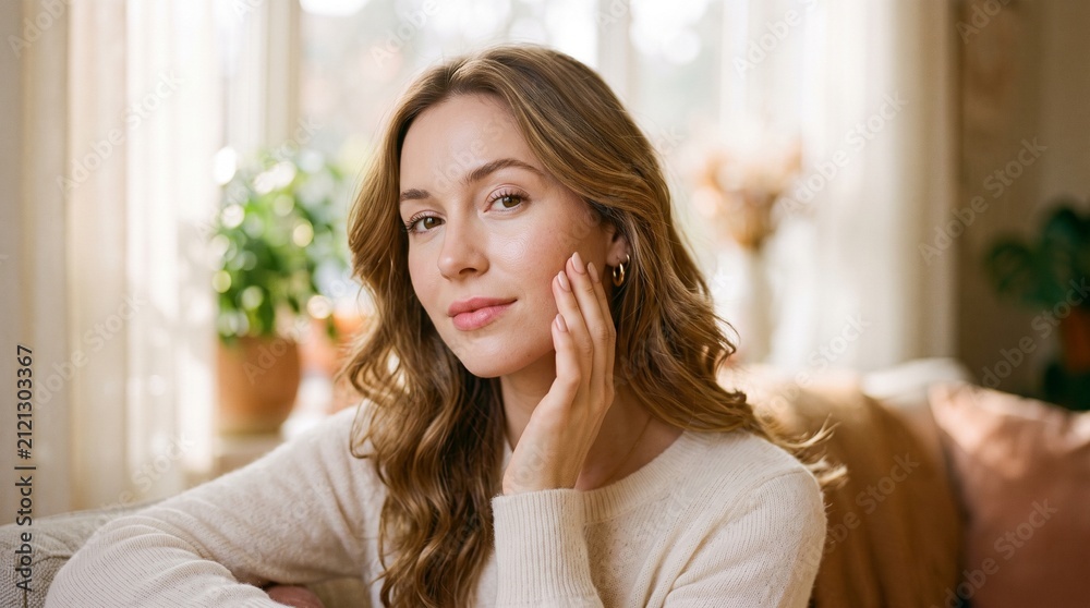 Fototapeta premium Portrait of a beautiful young woman with wavy brown hair, wearing a white sweater, touching her face in a sunlit indoor setting with green plants.