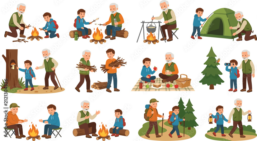 Fototapeta premium Grandfather and Grandson Camping Vector Set with Family Hiking Pitching Tents Cooking over Campfires and Birdwatching for Outdoor Recreation and Intergenerational Bonding Designs