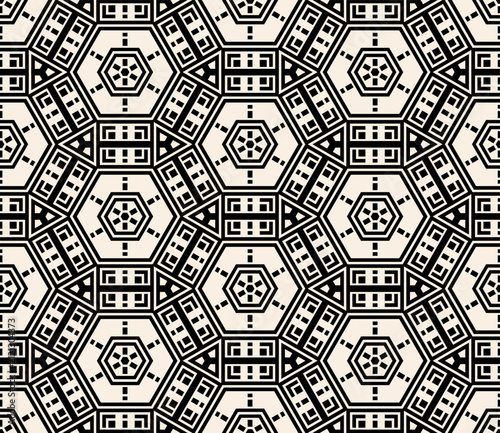 Black and white sacred geometry background with ethnic hexagonal mosaic.