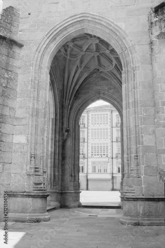 Historic Stone Archway View in Black and White