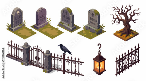 Spooky Halloween Cemetery Elements Collection Isometric Illustration.