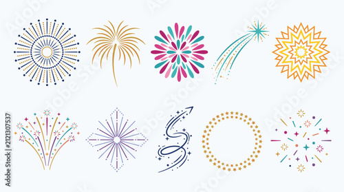 Foto Collection of colorful stylized fireworks and celebratory burst vector illustrations, perfect for festive occasions and celebrations