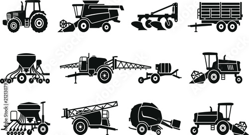 Cuadro en lienzo Agricultural machinery silhouette set, featuring tractor, combine harvester, plo