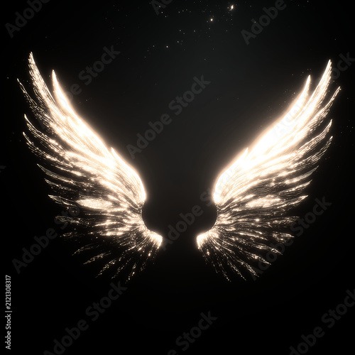 Luminous glowing angel wings on a dark black background. Radiant golden light feathers with sparkling stars. Ethereal and spiritual fantasy concept