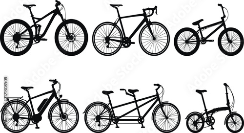 Bicycle silhouette collection, mountain bike, road bike, bmx, electric bike, tandem bicycle, folding bike, side view vector icon set