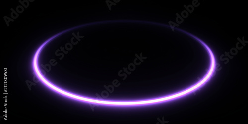 Glowing purple neon ring on black background. Abstract luminous elliptical frame in perspective. Copy space for text