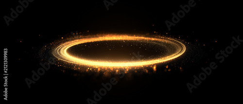 Glowing golden light ring banner on black background. Abstract portal of sparkling gold particles. Magic halo light effect